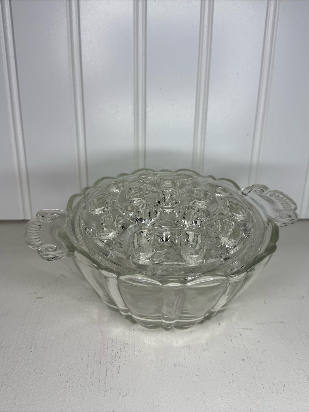 Vintage Anchor Hocking Old Cafe 16 hole clear glass Flower Frog bowl, circa 1930